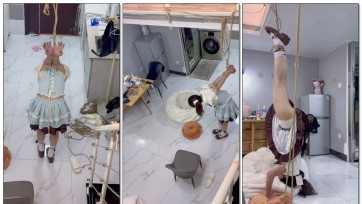 【内八原创】Lolita女孩甜巧却极度反差被绑成粽子 极限倒吊直臂